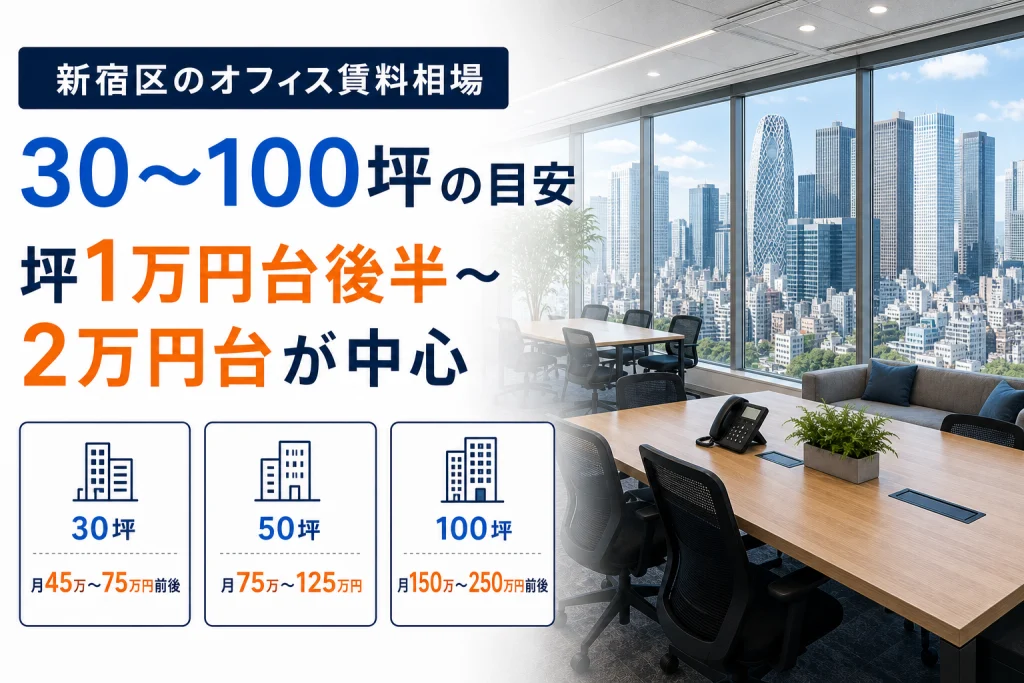 新宿区のオフィス賃料相場と30坪・50坪・100坪の月額賃料目安を示したアイキャッチ画像