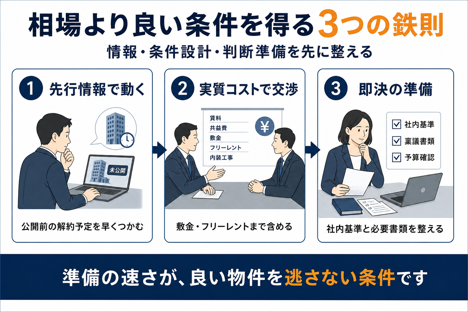 先行情報、実質コスト、即決準備の3つの鉄則
