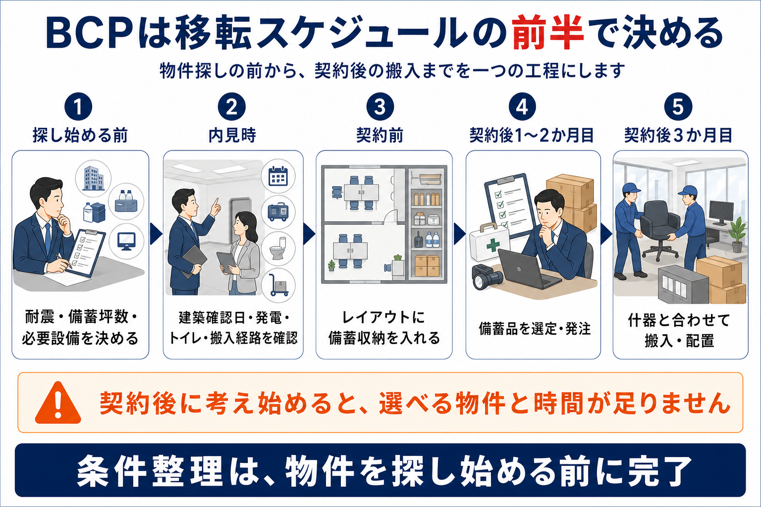 物件探し前から契約後3か月目までのBCP工程